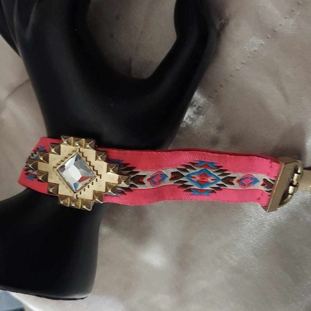Native handcrafted pink Aztec pink ribbon crystal Goldtone Bracelet